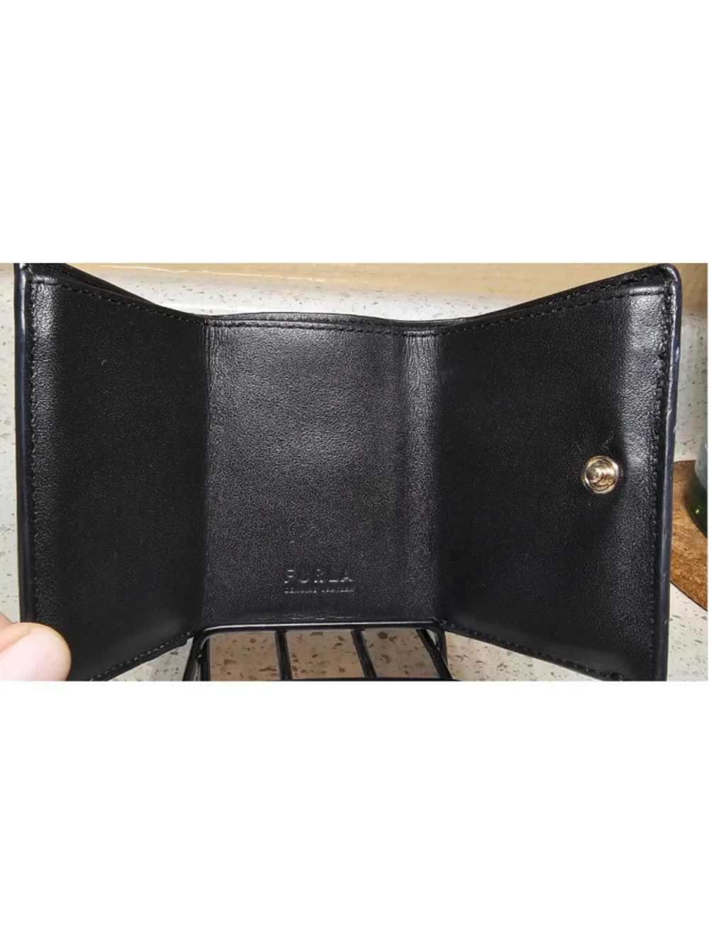 Compact Tri-Fold Black Furla Wallet with Gold hardware